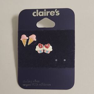 Sterling Silver Girls Earrings Ice Cream Cone Cupcake Claires